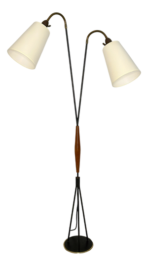 2-Arm Floor Lamp in Teak, Brass and Black Steel attributed to Svend Aage Holm Sørensen, Denmark, 1950s