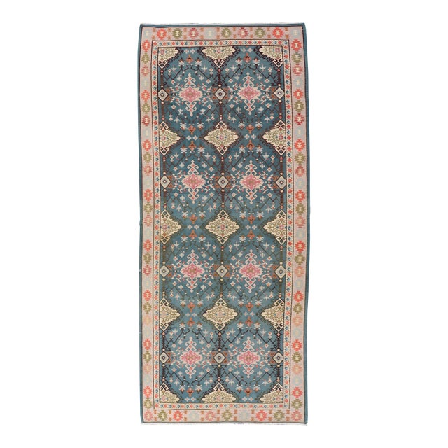 Vintage Turkish Kilim Rug in Blue, Coral, Ivory, and Olive 5'7 X 14'2 For Sale