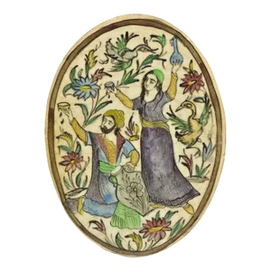 Antique Persian Iznik Qajar Style Ceramic Pottery Oval Tile Jugs Man & Woman C3