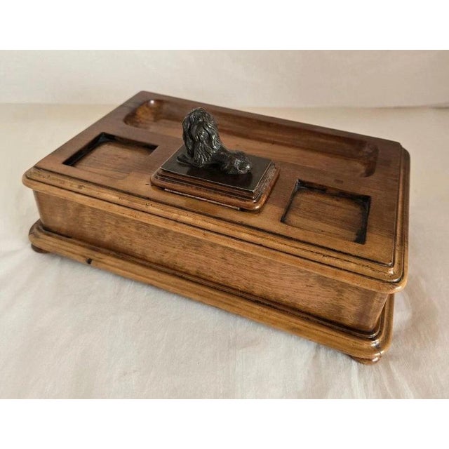 19th Century Olive Wood Twin Inkwell Standish with Bronze Lion Dog For Sale - Image 6 of 18