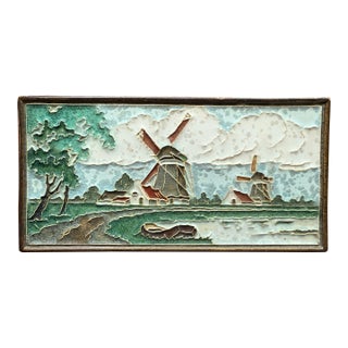 Vintage Royal Delft Dutch Polychrome Cloisonne Tile of Windmill Landscape For Sale