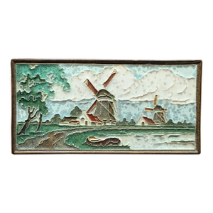 Vintage Royal Delft Dutch Polychrome Cloisonne Tile of Windmill Landscape
