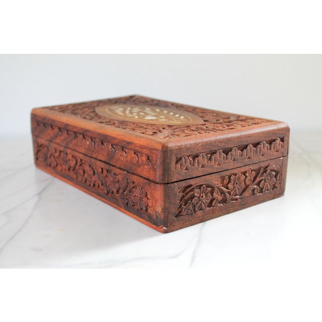 Vintage Hand Carved Rectangular Inlaid Wood Trinket Box For Sale - Image 4 of 10