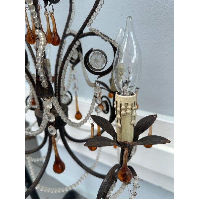 Vintage French Rococo Revival 6-Arm Wrought Iron Chandelier With Amber Glass Drops. For Sale - Image 4 of 12