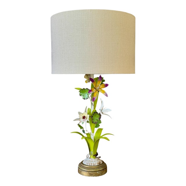 Vintage Italian Tole Floral Table Lamp With Hand-Painted Flowers For Sale