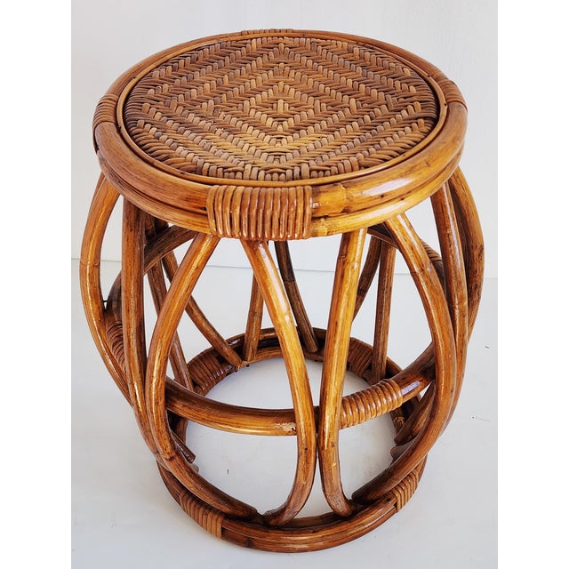 Vintage Bamboo & Rattan Drum Stool For Sale - Image 9 of 11