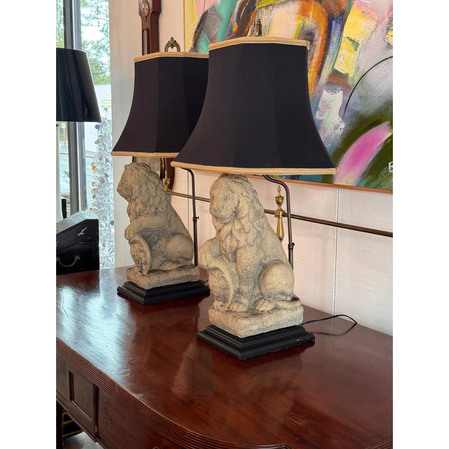 1950s Pair of Stone Lion Table Lamps For Sale - Image 4 of 14