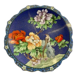 Vintage Cloisonné Enamel Decorative Plate Depicting Bird and Blossoms, With Gold Scallop For Sale