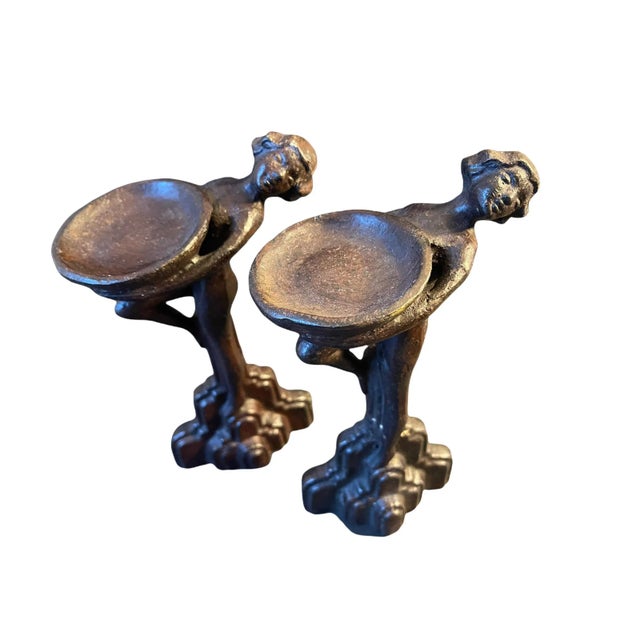 Pair Art Deco Spelter Figural Antique Compote Sculptures Excelent room accent, use as little candy dishes , candel holders...