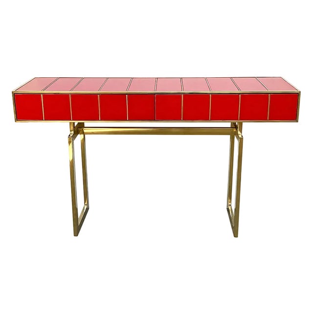 Red Glass Console Table with Two Drawers For Sale