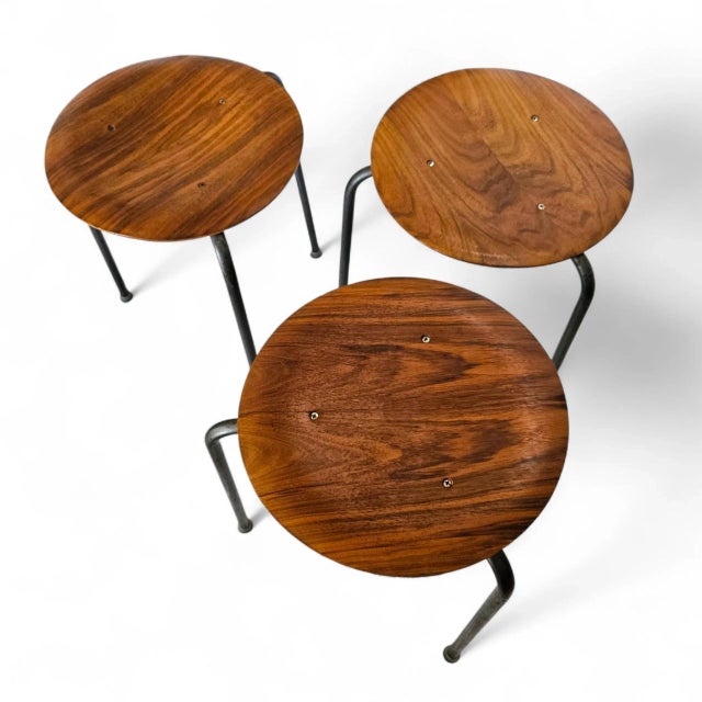 Mid Century Arne Jacobsen “Dot” Stools — First‑Run 1950s Teak + Steel — Set of 3 by Fritz Hansen For Sale - Image 15 of 18