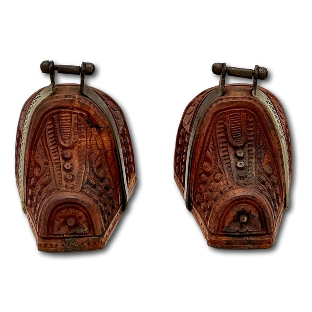 Auburn Outstanding Original Pair of Antique Spanish Colonial Hand Carved Wood & Wrought Iron Bedoya Stirrups - Circa 1800s For Sale - Image 8 of 18