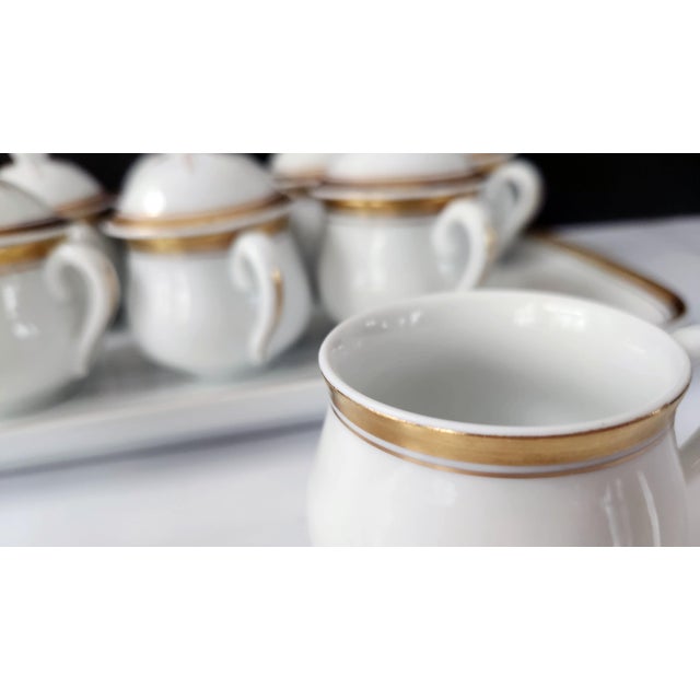 Vintage Portuguese Porcelain, Hostess Ware, Pot De Creme Set With Tray, Gilt Accents, Set of Eight, Circa 1980s - 9pcs For Sale - Image 11 of 16