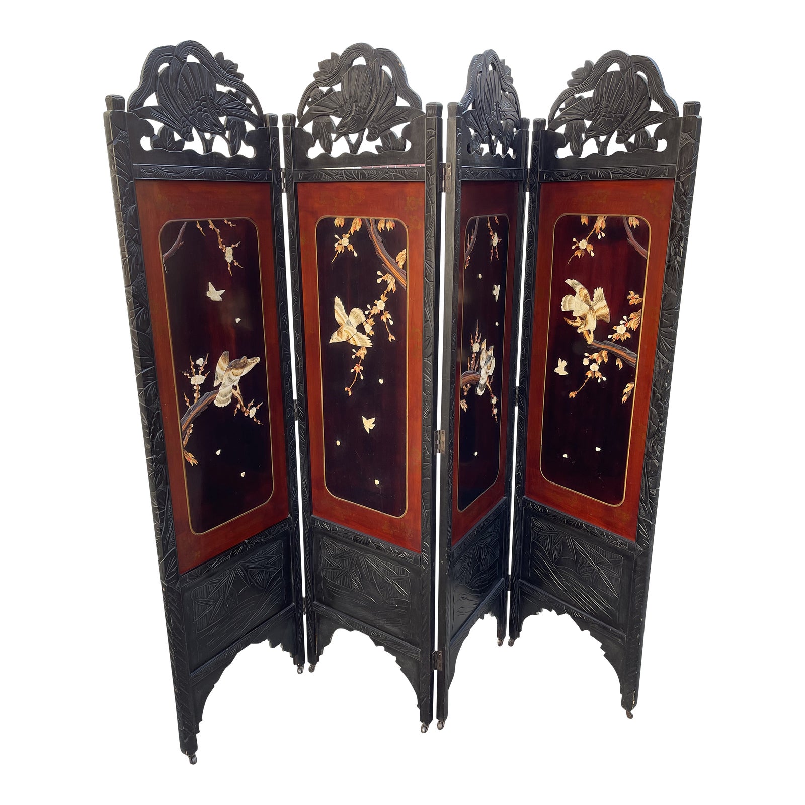 Chinese Screen Room Divider Hardstone Decoration Carved Bird Motif