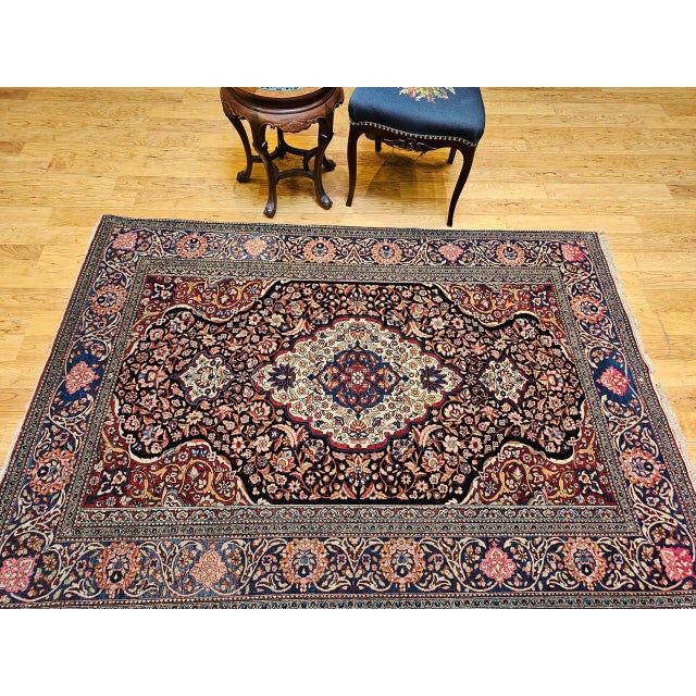 Navy Blue Vintage Persian Kashan Rug, Hand-Knotted Wool, Floral Pattern, Navy & Ivory, 5x7 For Sale - Image 8 of 18