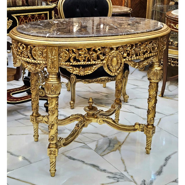 French French Louis XVI Style Gold Leaf Coffee Table With Marble Top & Ornate Carved Details For Sale - Image 3 of 5