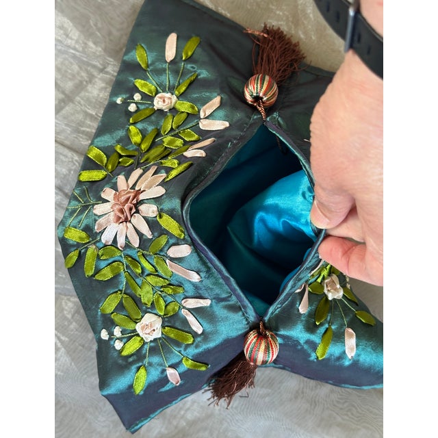 Chinoiserie Vintage Ribbon Embroidered Satin Tissue Box Cover For Sale - Image 3 of 12