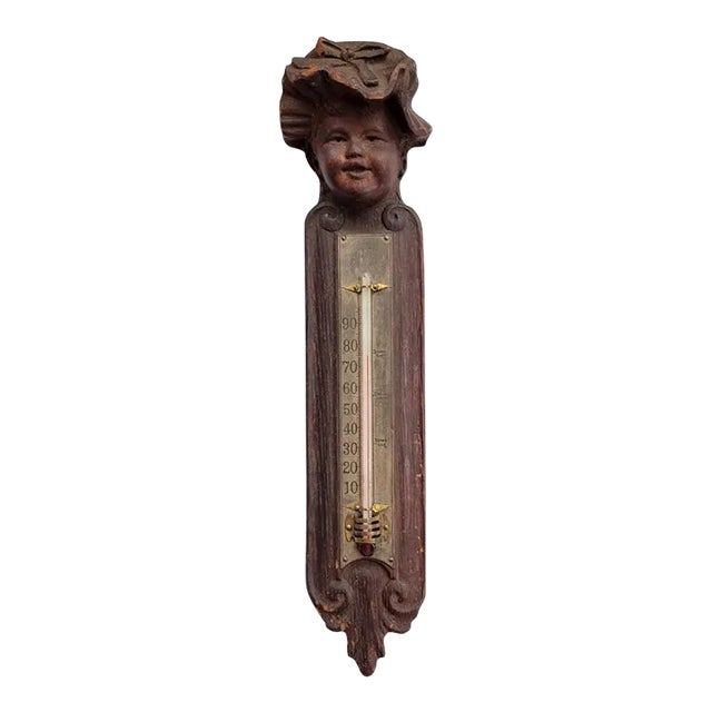 Antique American Hand Carved Wood Figural Thermometer For Sale