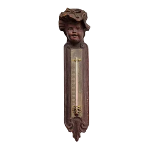 Antique American Hand Carved Wood Figural Thermometer