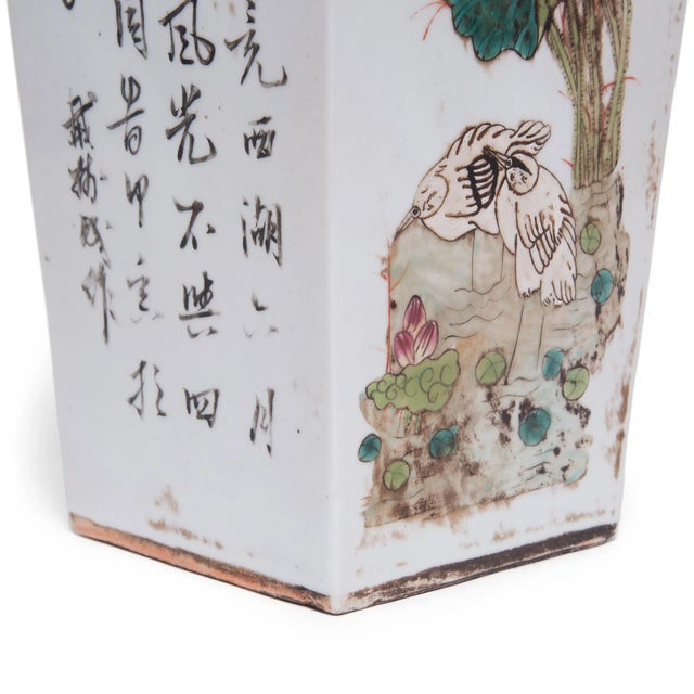 Pair of Chinese Squared Fantail Vases With Egrets Beneath Lotus For Sale - Image 9 of 11