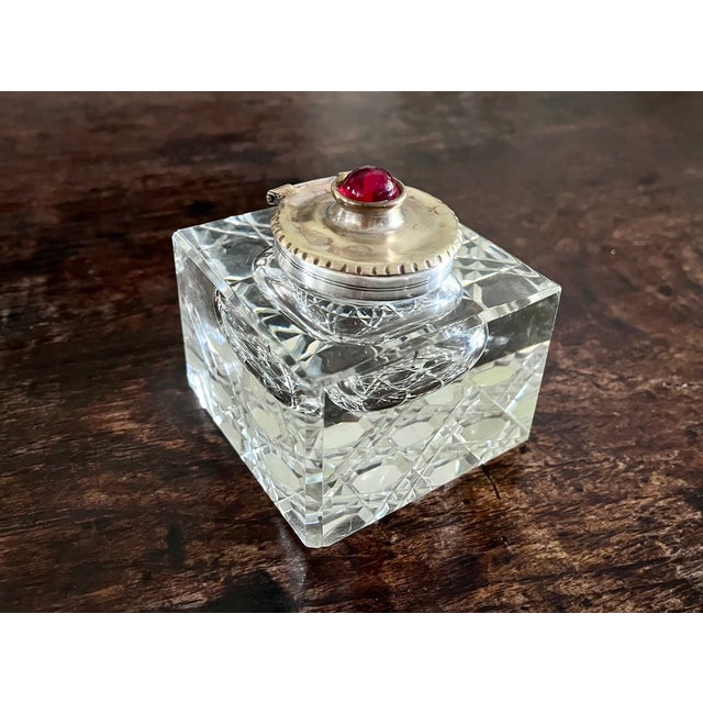 Mid 20th Century Vintage Cut Crystal Inkwell W/Brass Lid and Red Gemstone For Sale - Image 5 of 12