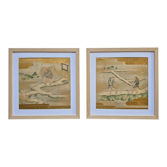 Set of 2 Antique Edo Era Japanese Landscape Paintings of Farmers in Rice Fields – Newly Framed For Sale