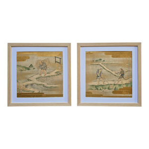 Set of 2 Antique Edo Era Japanese Landscape Paintings of Farmers in Rice Fields – Newly Framed