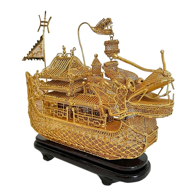 Gold Dragon Boat on Stand, C1950 For Sale