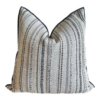Custom Linen and Wool Blend Black Textured Stripe Pillow With Down Insert For Sale