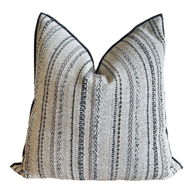 Custom Linen and Wool Blend Black Textured Stripe Pillow With Down Insert For Sale