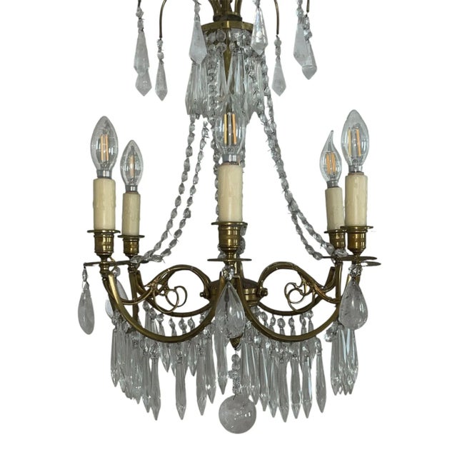 Early 20th Century Pair of French Brass Chandeliers With Rock Crystal & Glass. Early 20th Century. For Sale - Image 5 of 7