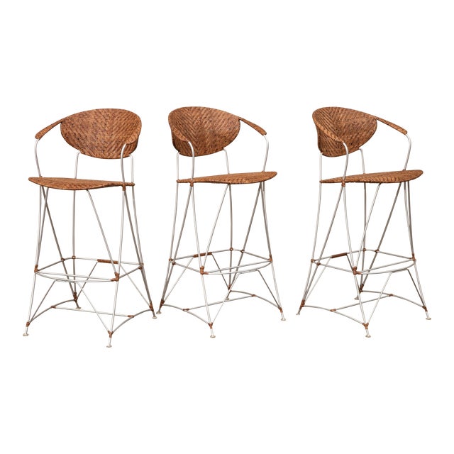 David Francis Cane and Steel Barstools - Set of 3 For Sale