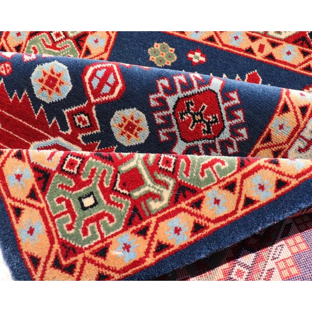 Geometric Vintage Caucasian Rug With Tribal Geometric Medallions in Blue and Red For Sale - Image 4 of 12