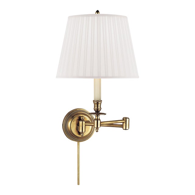 Visual Comfort Signature Candlestick Swing Arm in Hand-Rubbed Antique Brass with Silk Shade For Sale