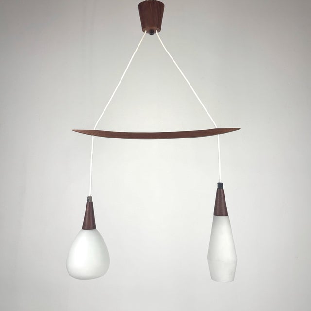 Mid-Century Modern Scandinavian Teak and White Glass Double Pendant Light, 1960s For Sale - Image 9 of 9