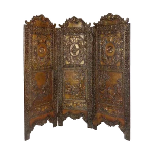 Antique Folding Screen - Tudor Revival Style Brass Repousse