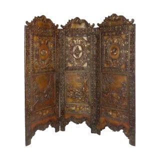 Folding Screen - Tudor Revival Style Brass Repousse For Sale