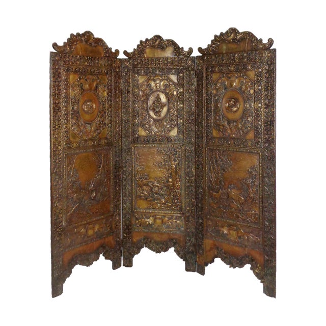 Folding Screen - Tudor Revival Style Brass Repousse For Sale