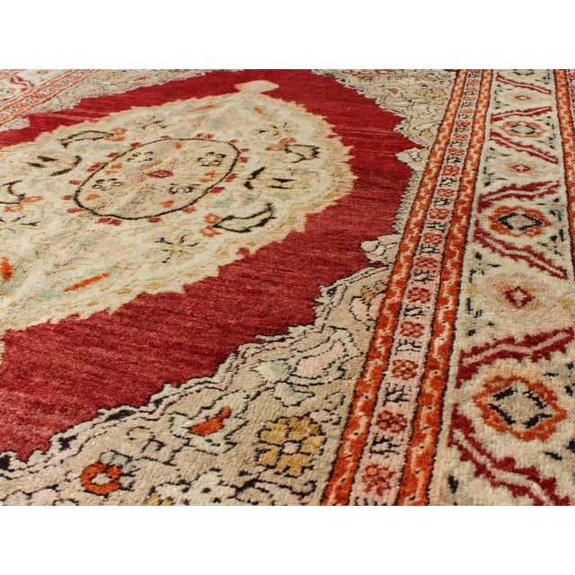 1930s Antique Oushak Rug With Floral Medallion in Light Green, Ivory, Taupe & Red For Sale - Image 5 of 7