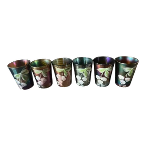 Set of 6 Antique Fenton Cobalt Cherries Carnival Glass Tumblers Tumbler Iridescent