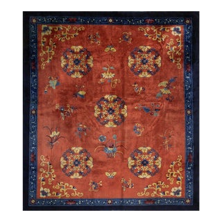 1920s Warm Coral Field Medallion Art Deco Style Antique Chinese Peking Rug For Sale