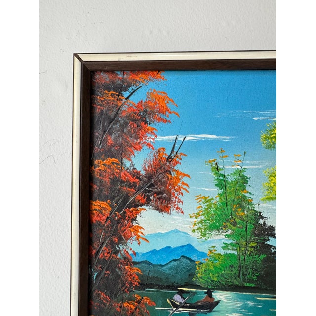 1980s 1980's Vintage Haitian Lake Scene Canoeing Oil Paint on Canvas - Framed For Sale - Image 5 of 9