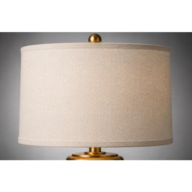 Brass Vintage Transitional Urn Table Lamp in Antique Brass With Pierced Metal Frieze & Linen Drum Shade — 27” - a Pair For Sale - Image 8 of 9