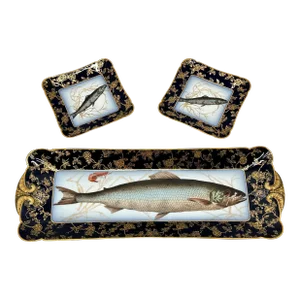 Outstanding Beautifully Decorated Antique C H Haviland Limoges France Flow Blue Porcelain Fish Platter & 2 Plates - Circa 1880s