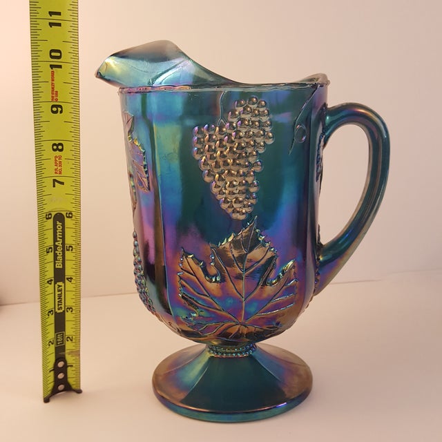 Harvest Grape Blue Carnival Glass Pitcher & Glasses Set of 7 Chairish