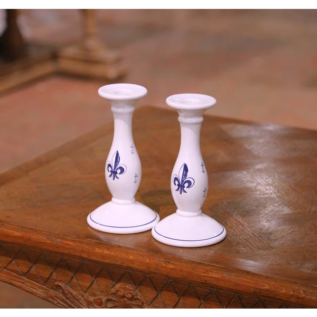 French Faience Candlesticks, Hand-Crafted, Fleur-De-Lys Design, 1980 For Sale In Dallas - Image 6 of 13