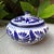 This traditional Talavera blue and oyster-white patterned lidded bowl is crafted and painted entirely by hand by skilled...
