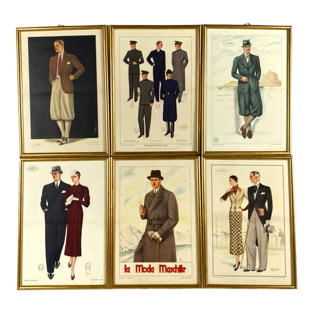 1930s "La Moda Maschile" Original Men and Women Fashion Prints, Framed - Set of 6 For Sale