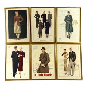 1930s "La Moda Maschile" Original Men and Women Fashion Prints, Framed - Set of 6