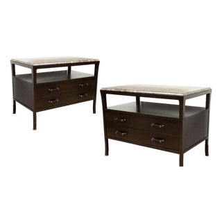 Pair of Bill Sofield for Baker Walnut Marble Top Nightstands For Sale
